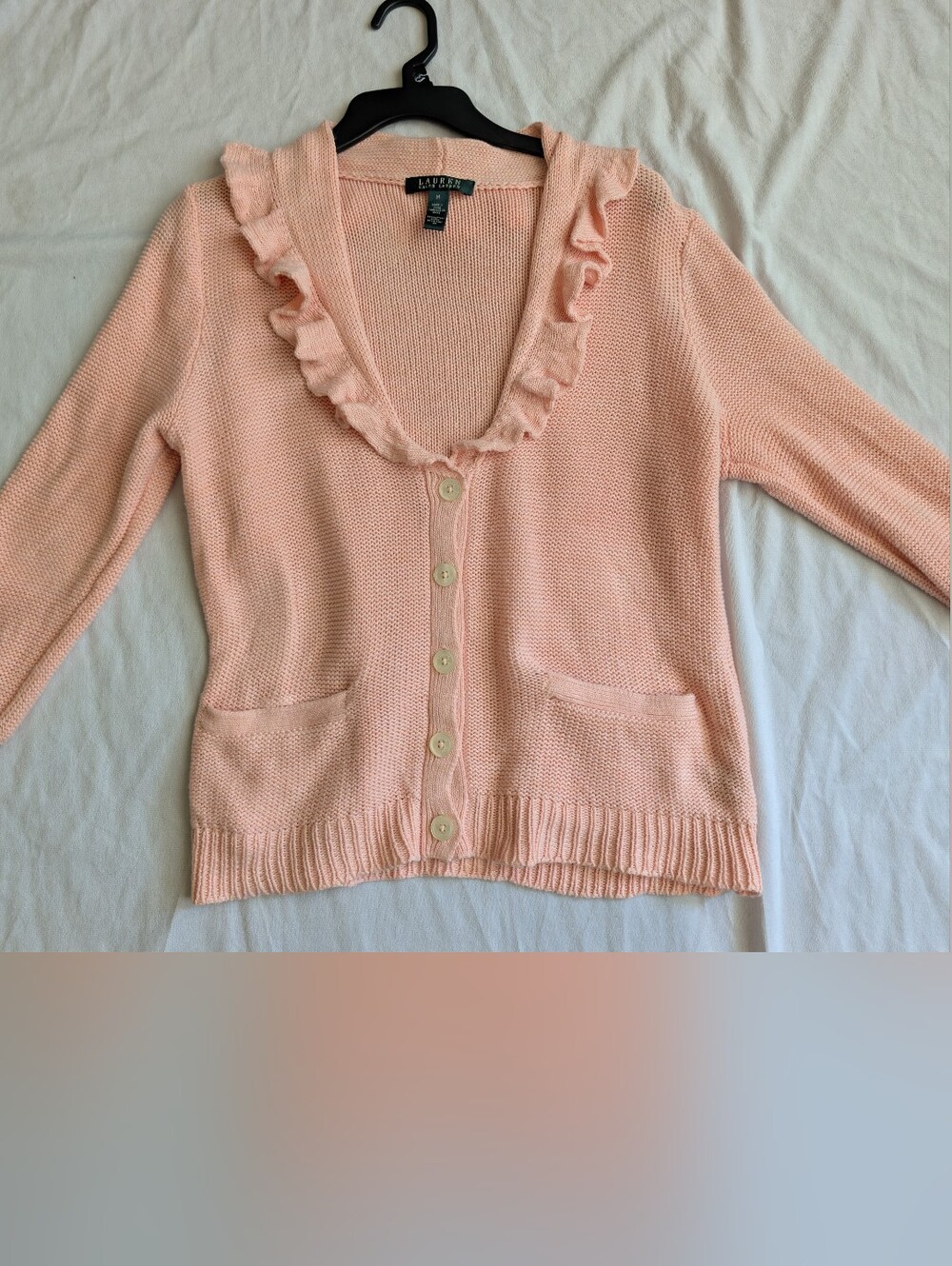 Y2K Lauren Ralph Lauren Petal Pink Linen blend button up knit cardigan sz M